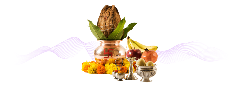 Traditional puja kalash with offerings
